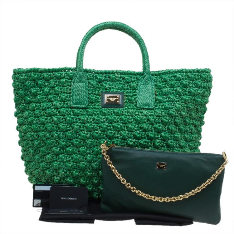 Pre Owned Dolce and Gabbana Green Raffia Miss Alma Shopping Tote with Pouch