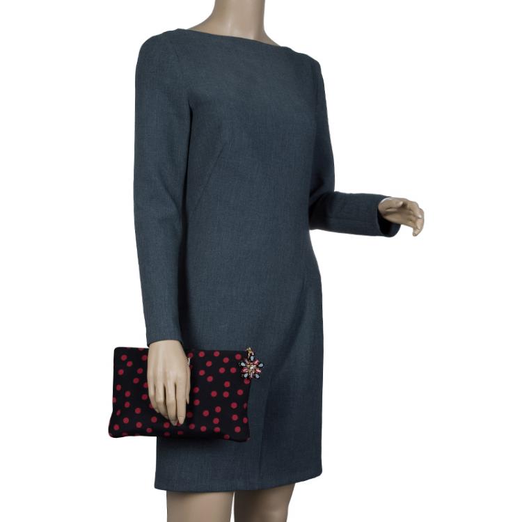 Pre Owned Dolce and Gabbana Black/Red Fabric Dotted Cleo Clutch