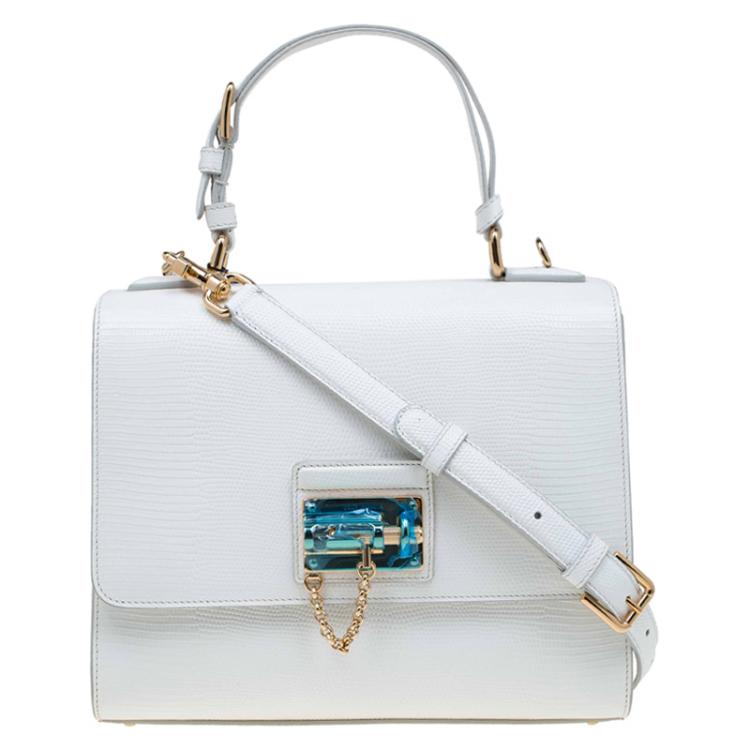 Pre Owned Dolce and Gabbana White Lizard Embossed Leather Medium Monica Tote