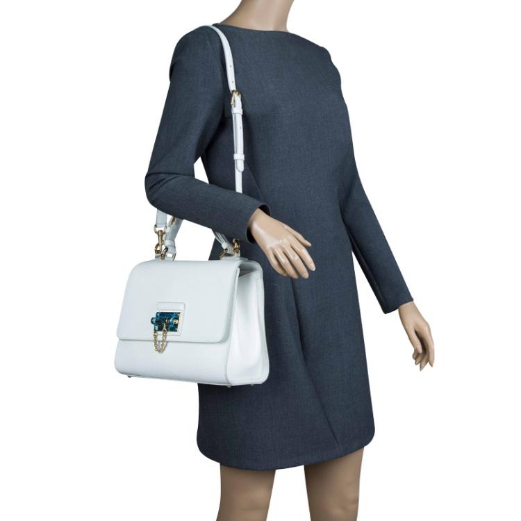 Pre Owned Dolce and Gabbana White Lizard Embossed Leather Medium Monica Tote