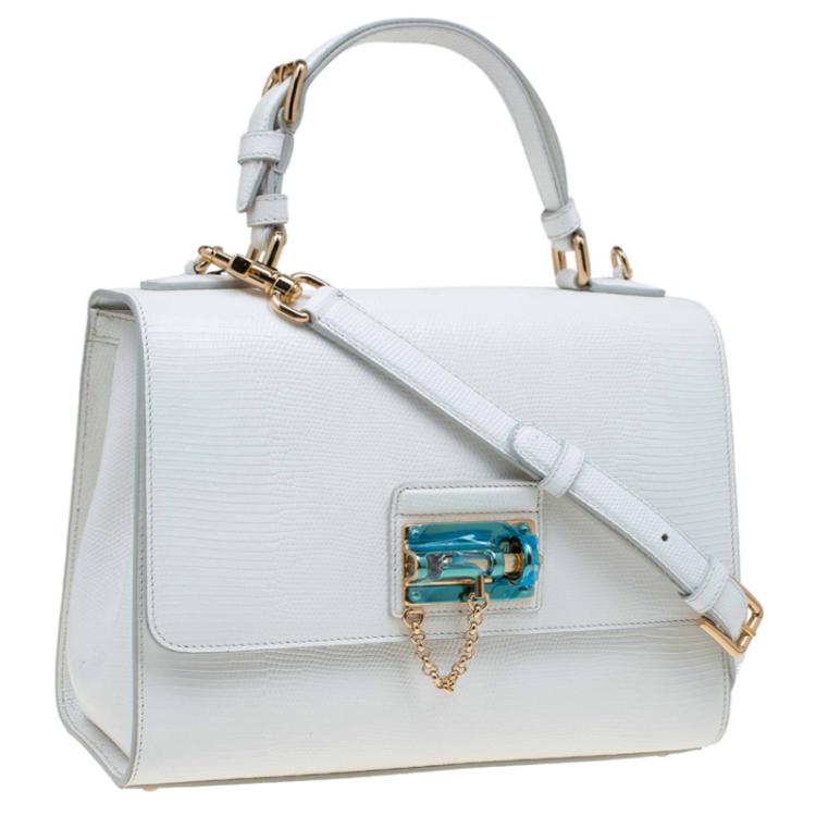 Pre Owned Dolce and Gabbana White Lizard Embossed Leather Medium Monica Tote