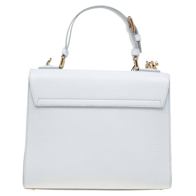 Pre Owned Dolce and Gabbana White Lizard Embossed Leather Medium Monica Tote