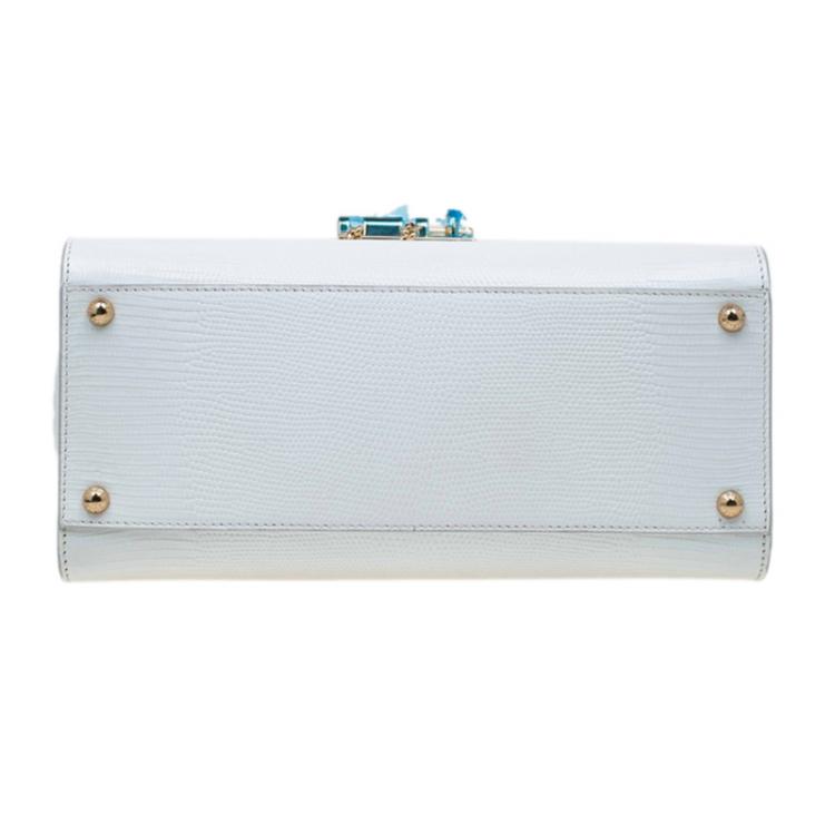 Pre Owned Dolce and Gabbana White Lizard Embossed Leather Medium Monica Tote