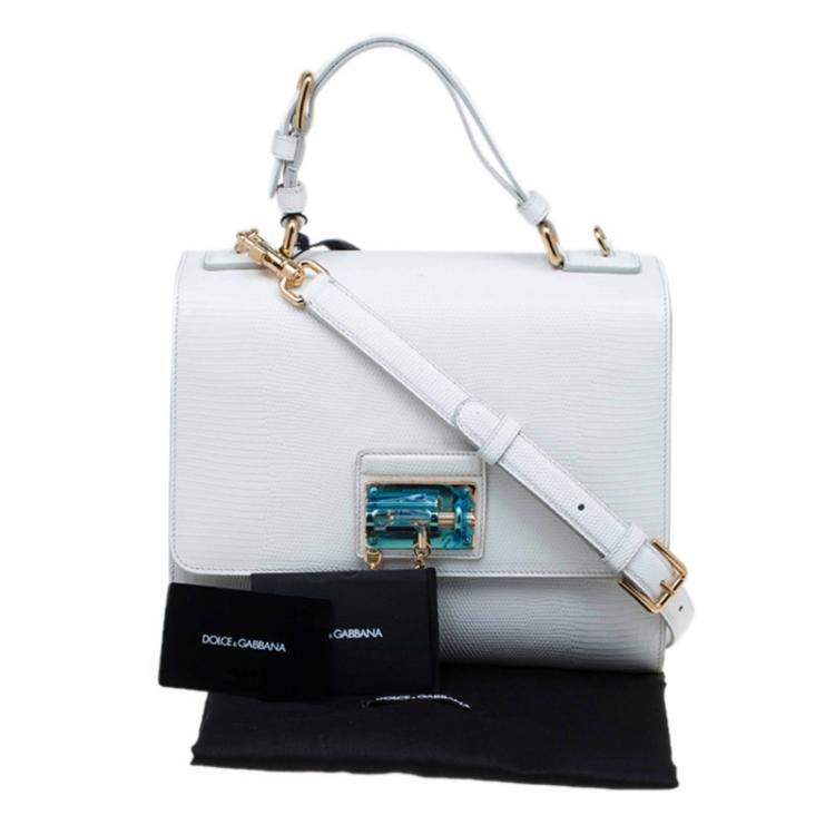 Pre Owned Dolce and Gabbana White Lizard Embossed Leather Medium Monica Tote