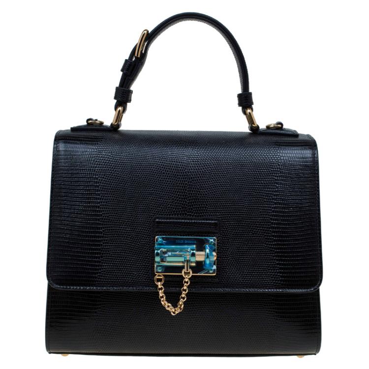 Pre Owned Dolce and Gabbana Black Lizard Embossed Leather Medium Monica Tote