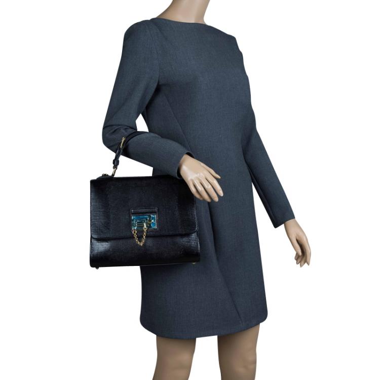 Pre Owned Dolce and Gabbana Black Lizard Embossed Leather Medium Monica Tote