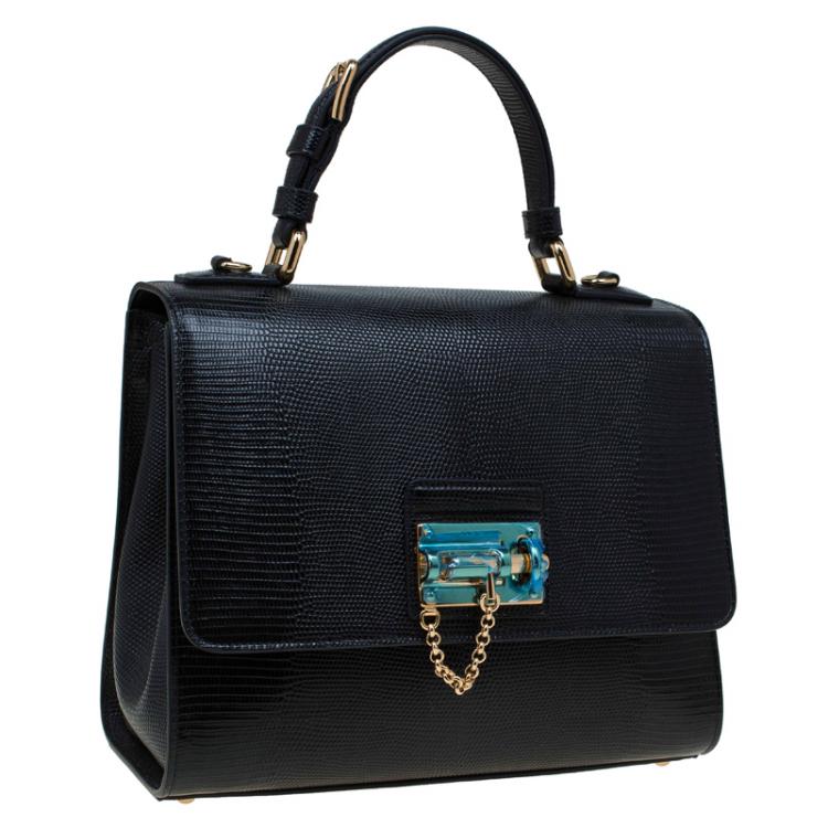 Pre Owned Dolce and Gabbana Black Lizard Embossed Leather Medium Monica Tote
