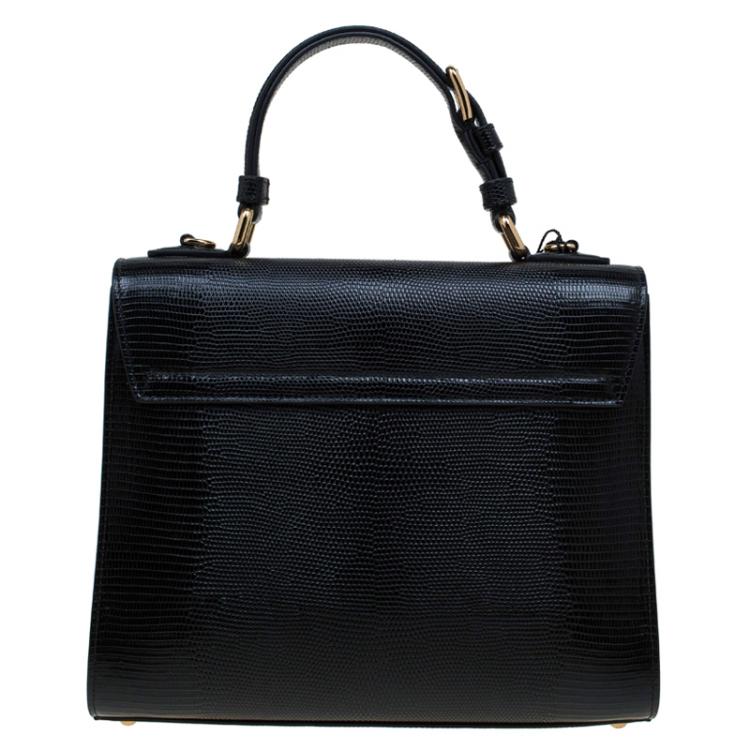 Pre Owned Dolce and Gabbana Black Lizard Embossed Leather Medium Monica Tote