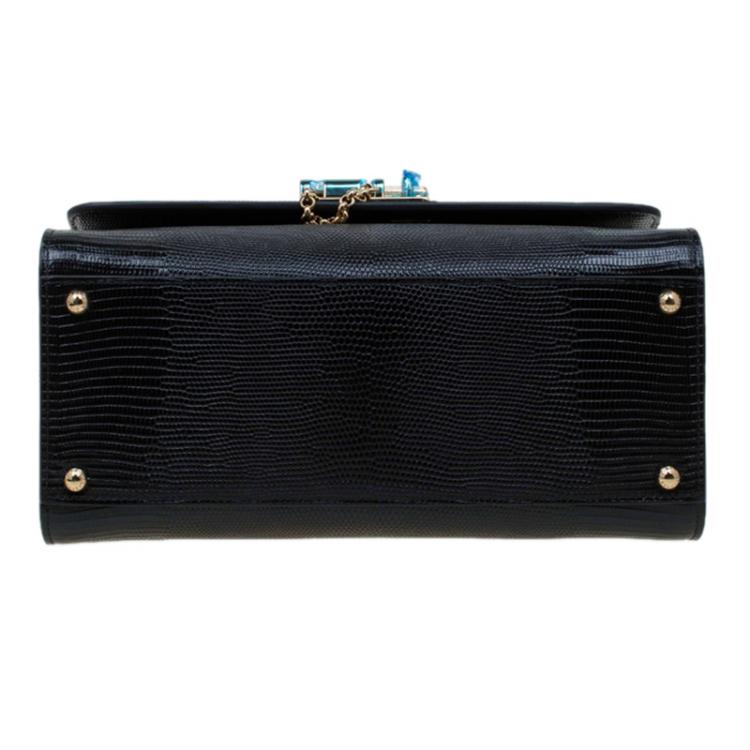 Pre Owned Dolce and Gabbana Black Lizard Embossed Leather Medium Monica Tote