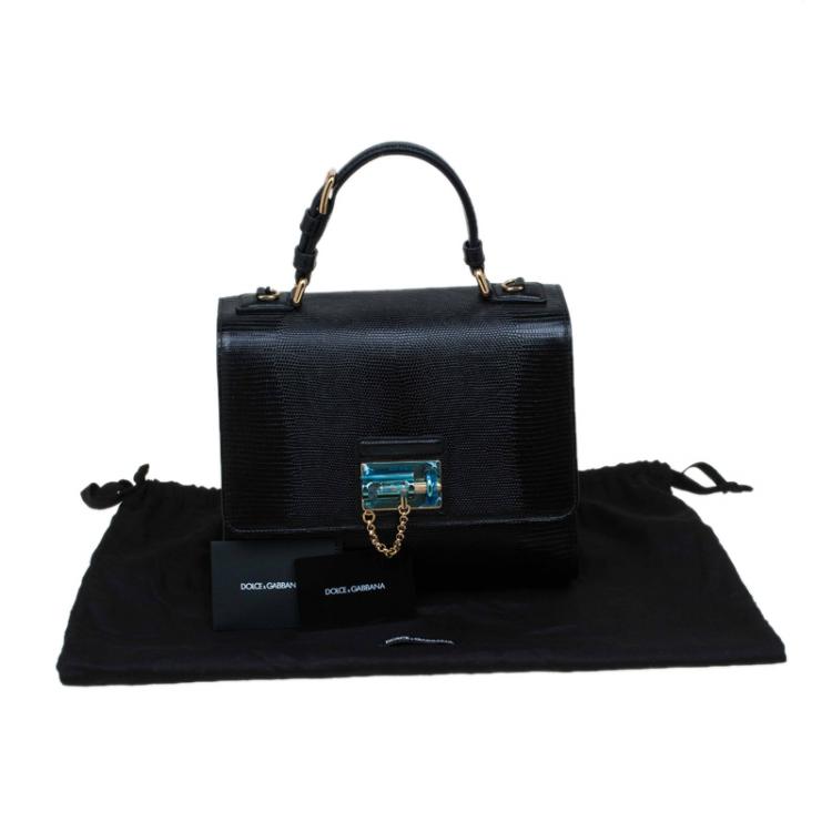Pre Owned Dolce and Gabbana Black Lizard Embossed Leather Medium Monica Tote