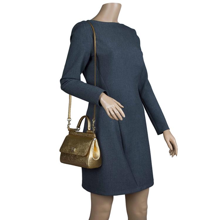 Pre Owned Dolce and Gabbana Gold Leather Small Miss Sicily Top Handle Bag