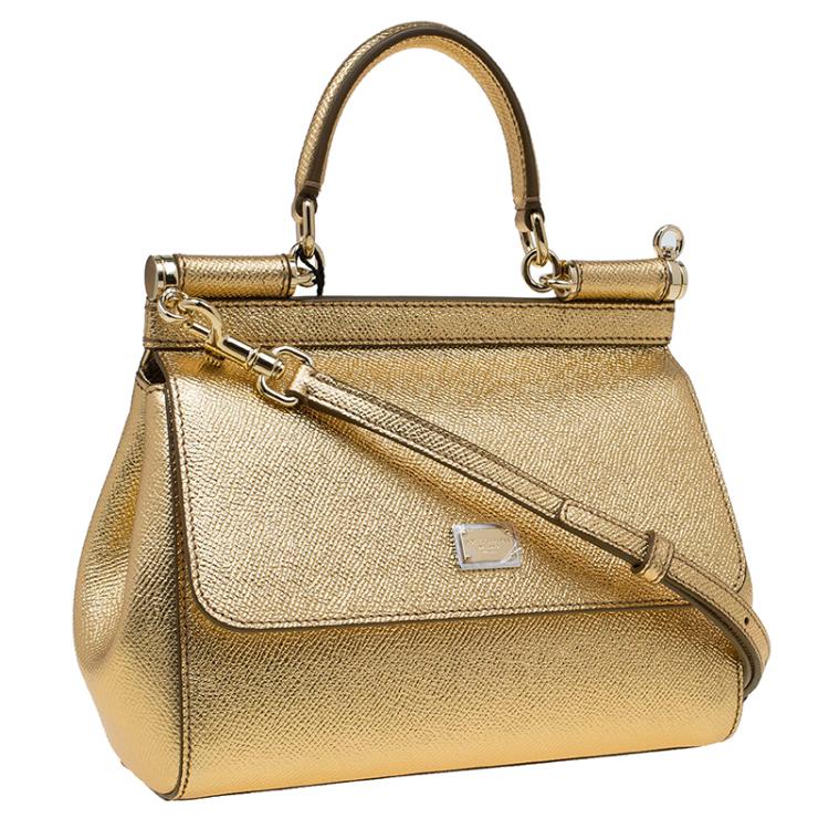 Pre Owned Dolce and Gabbana Gold Leather Small Miss Sicily Top Handle Bag