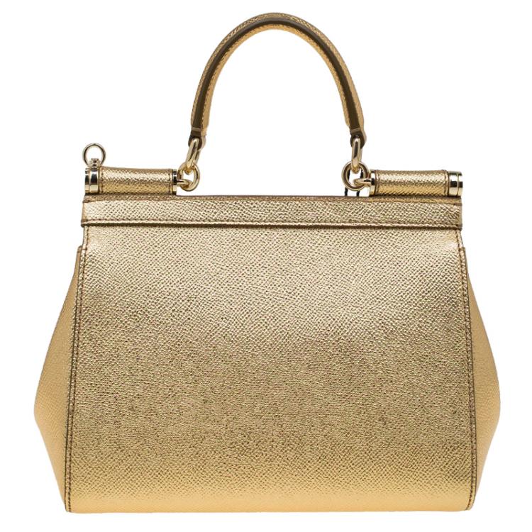 Pre Owned Dolce and Gabbana Gold Leather Small Miss Sicily Top Handle Bag