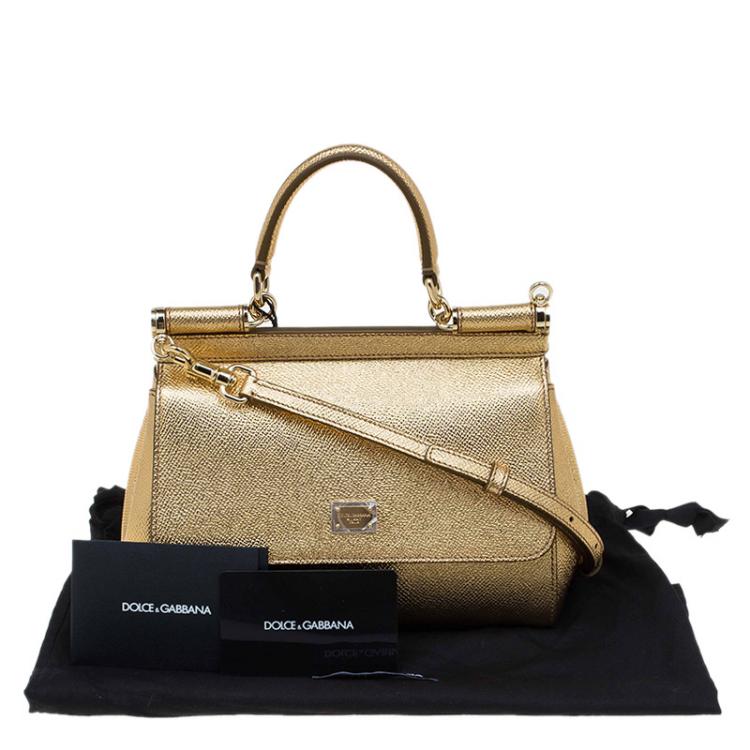 Pre Owned Dolce and Gabbana Gold Leather Small Miss Sicily Top Handle Bag