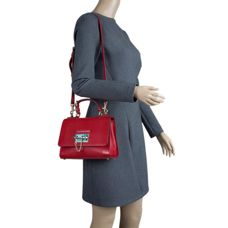 Pre Owned Dolce and Gabbana Red Lizard Embossed Leather Small Monica Tote