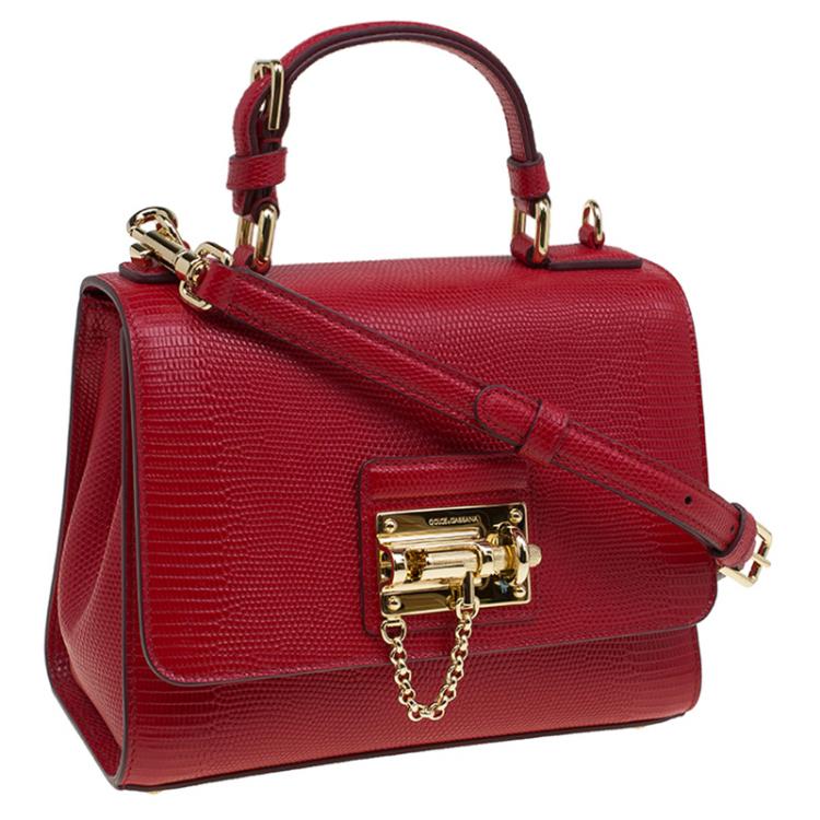 Pre Owned Dolce and Gabbana Red Lizard Embossed Leather Small Monica Tote