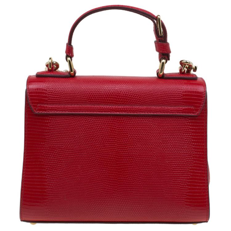 Pre Owned Dolce and Gabbana Red Lizard Embossed Leather Small Monica Tote