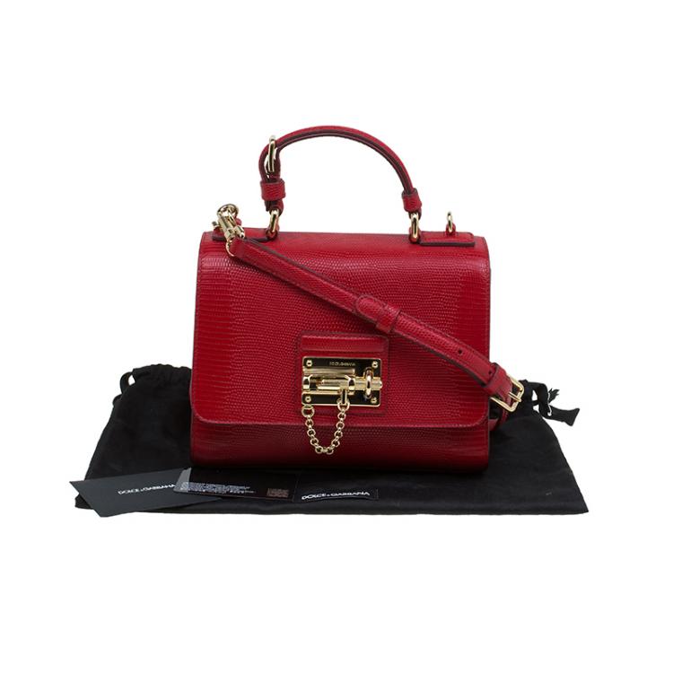 Pre Owned Dolce and Gabbana Red Lizard Embossed Leather Small Monica Tote