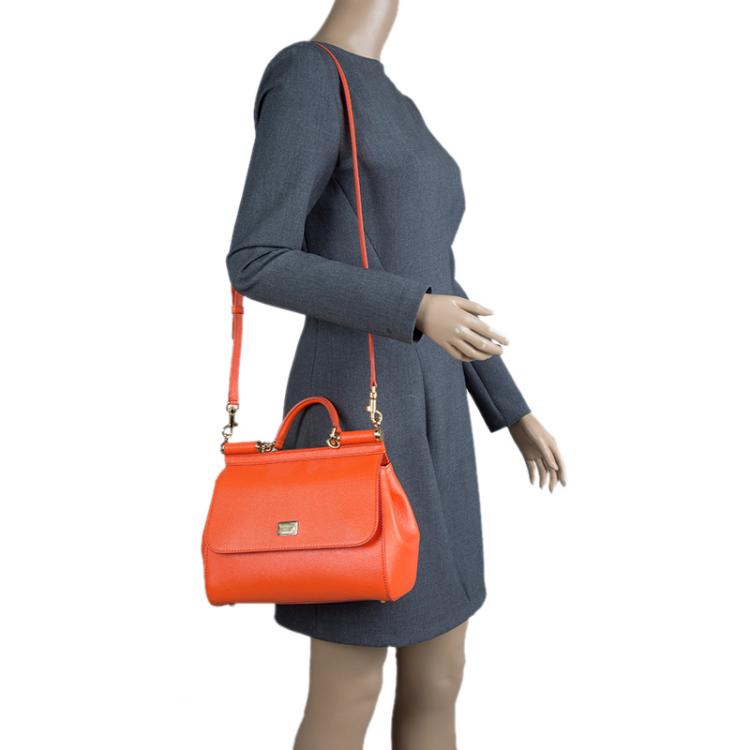 Pre Owned Dolce and Gabbana Orange Leather Medium Miss Sicily Top Handle Bag