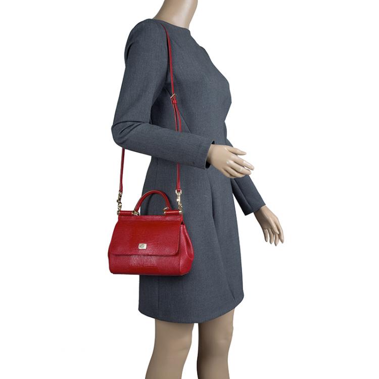 Pre Owned Dolce and Gabbana Red Lizard Embossed Leather Small Miss Sicily Top Handle Bag
