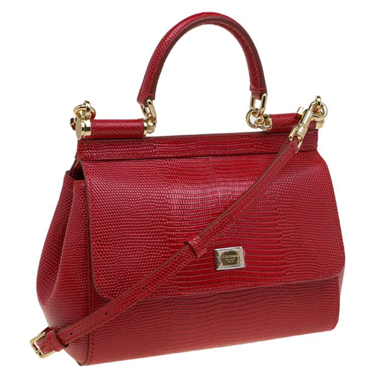 Pre Owned Dolce and Gabbana Red Lizard Embossed Leather Small Miss Sicily Top Handle Bag