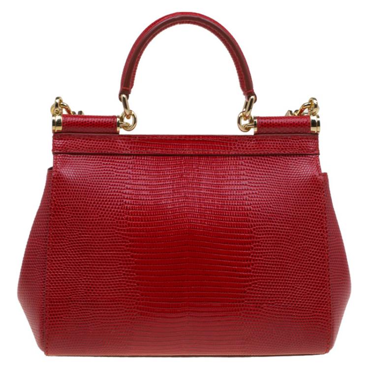 Pre Owned Dolce and Gabbana Red Lizard Embossed Leather Small Miss Sicily Top Handle Bag