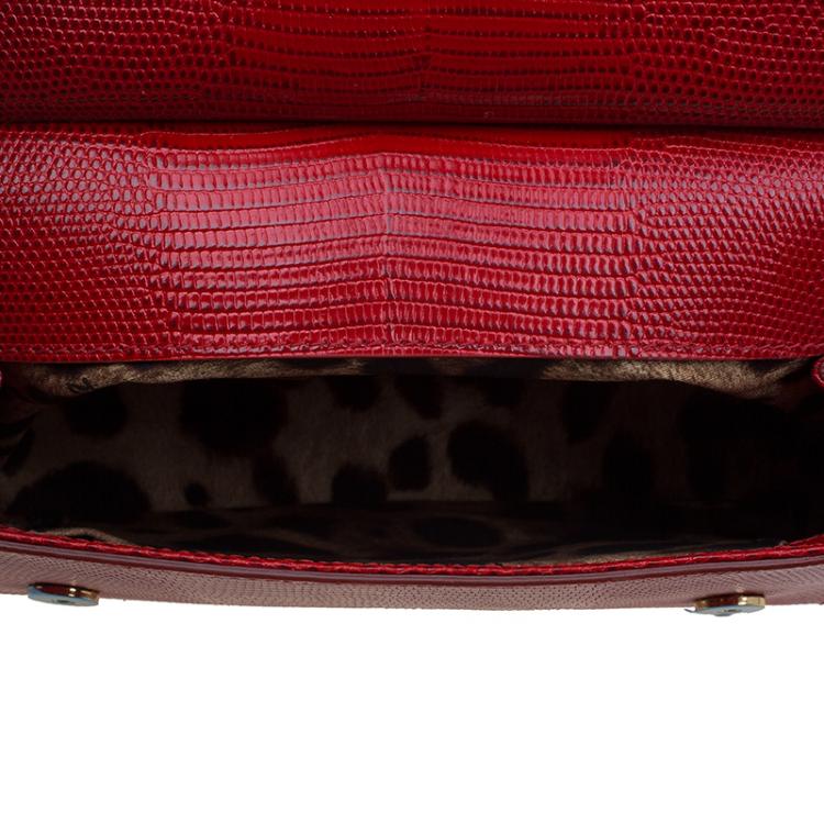 Pre Owned Dolce and Gabbana Red Lizard Embossed Leather Small Miss Sicily Top Handle Bag