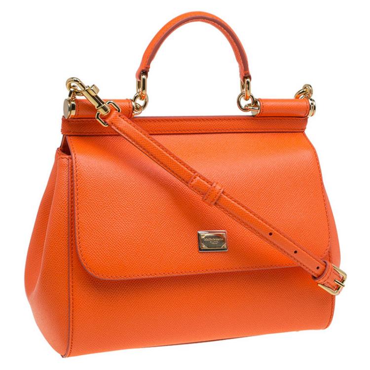 Pre Owned Dolce and Gabbana Orange Leather Medium Miss Sicily Top Handle Bag