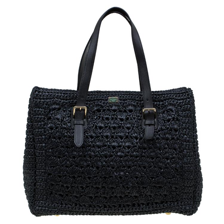 Pre Owned Dolce and Gabbana Black Raffia Crochet Alma Tote