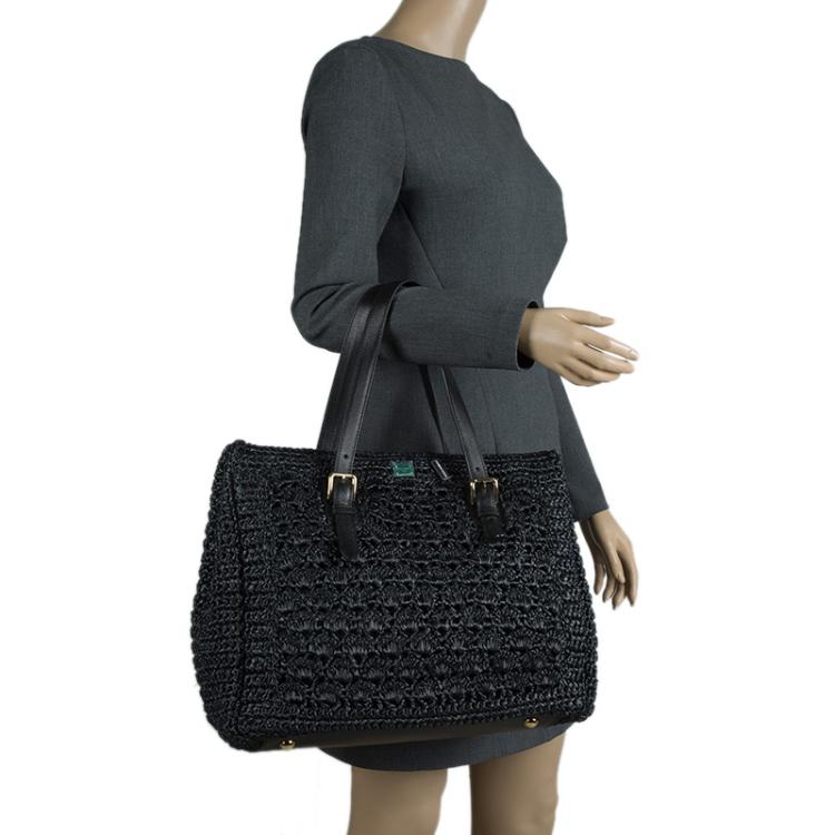 Pre Owned Dolce and Gabbana Black Raffia Crochet Alma Tote