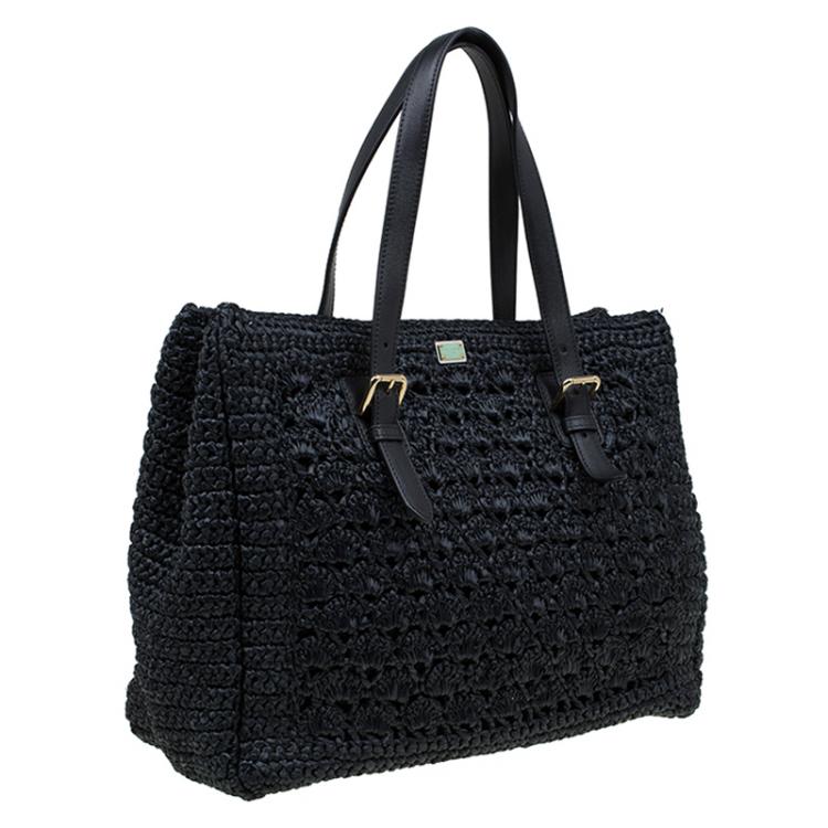 Pre Owned Dolce and Gabbana Black Raffia Crochet Alma Tote