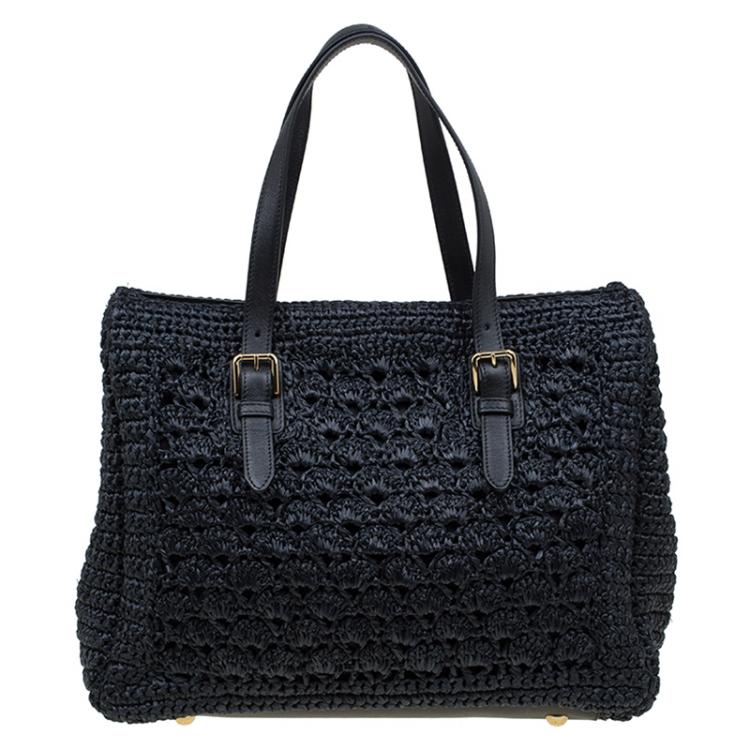 Pre Owned Dolce and Gabbana Black Raffia Crochet Alma Tote