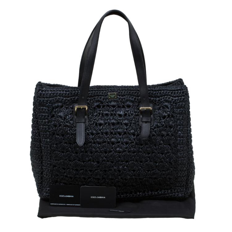 Pre Owned Dolce and Gabbana Black Raffia Crochet Alma Tote