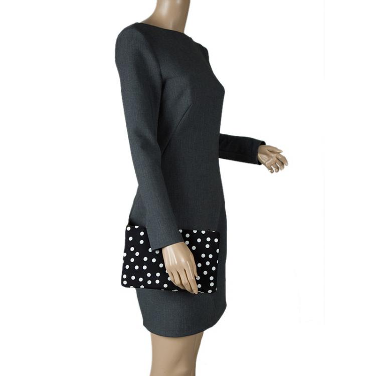 Pre Owned Dolce and Gabbana Black Polka Dots Fabric Charmeuse Clutch