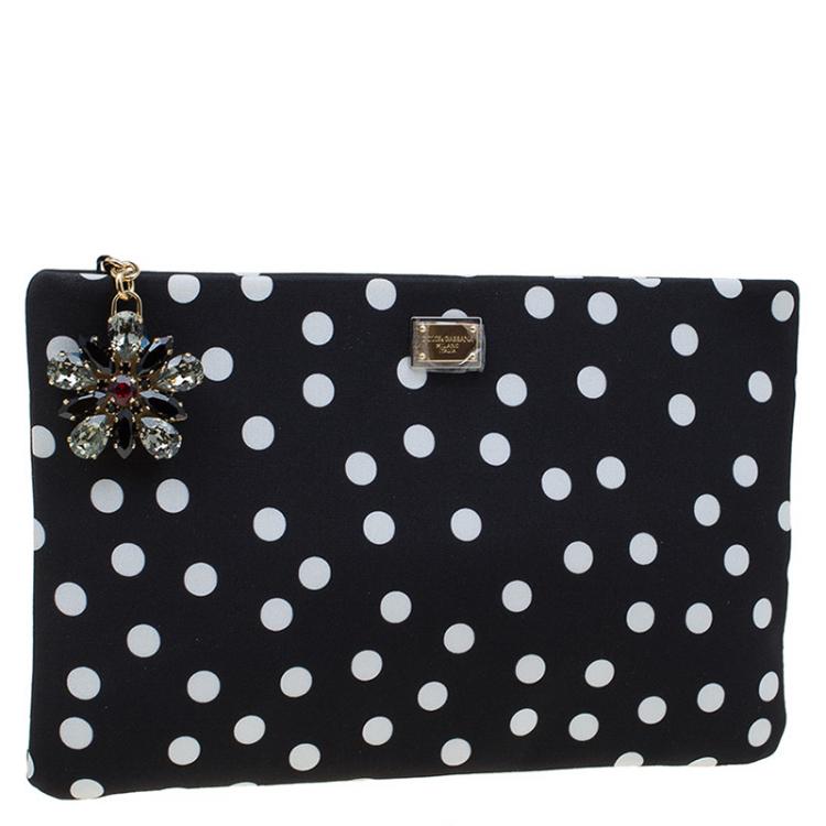 Pre Owned Dolce and Gabbana Black Polka Dots Fabric Charmeuse Clutch