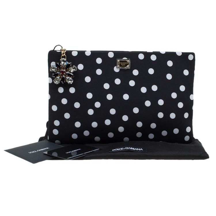Pre Owned Dolce and Gabbana Black Polka Dots Fabric Charmeuse Clutch