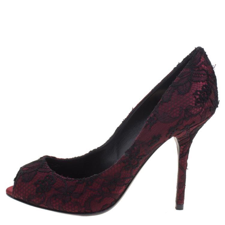 مملوكة مسبقًا Dolce and Gabbana Burgundy Satin and Black Lace Peep Toe Pumps Size 37