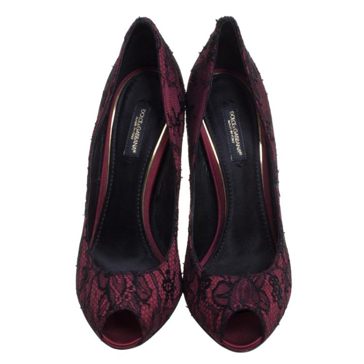 مملوكة مسبقًا Dolce and Gabbana Burgundy Satin and Black Lace Peep Toe Pumps Size 37