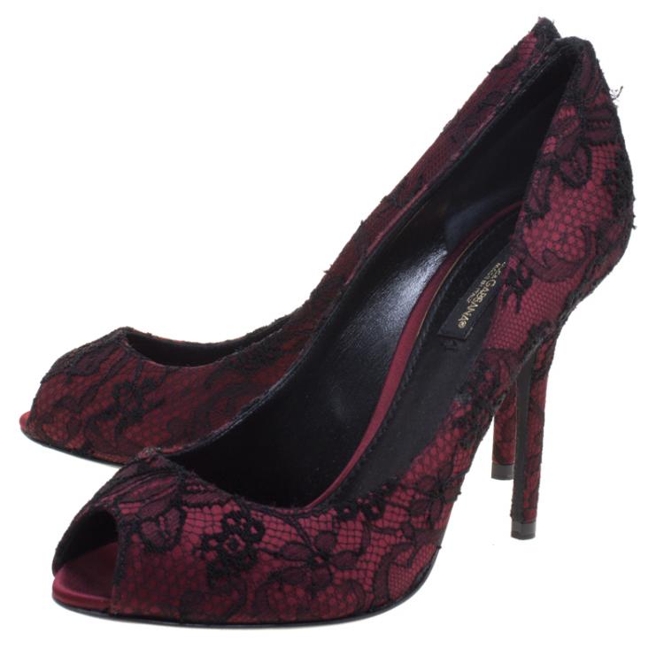 مملوكة مسبقًا Dolce and Gabbana Burgundy Satin and Black Lace Peep Toe Pumps Size 37