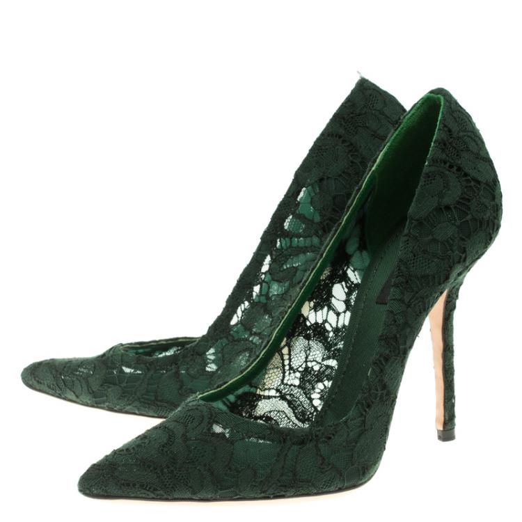 Pre Owned Dolce and Gabbana Forest Geen Lace Pointed Toe Pumps Size 39
