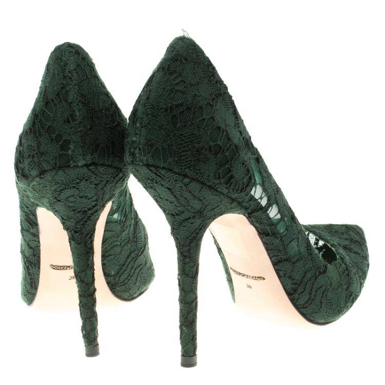 Pre Owned Dolce and Gabbana Forest Geen Lace Pointed Toe Pumps Size 39