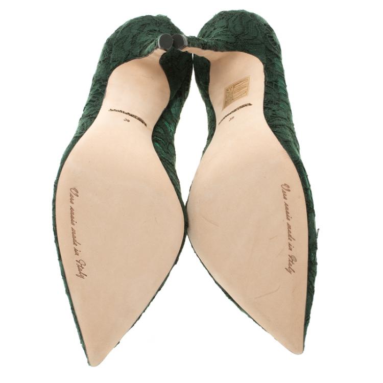 Pre Owned Dolce and Gabbana Forest Geen Lace Pointed Toe Pumps Size 39