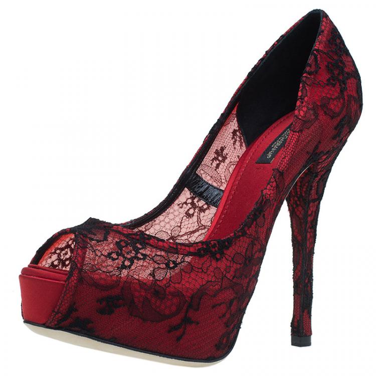 Dolce and Gabbana Red Satin and Black Lace Peep Toe Platform