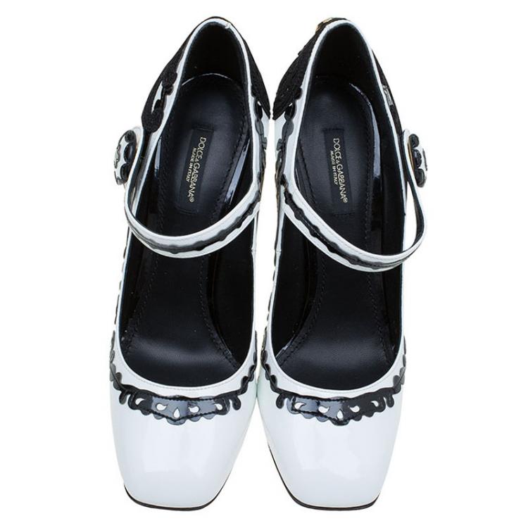 Pre Owned Dolce and Gabbana Black and White Leather Baroque Patterned Mary Jane Pumps Size 38