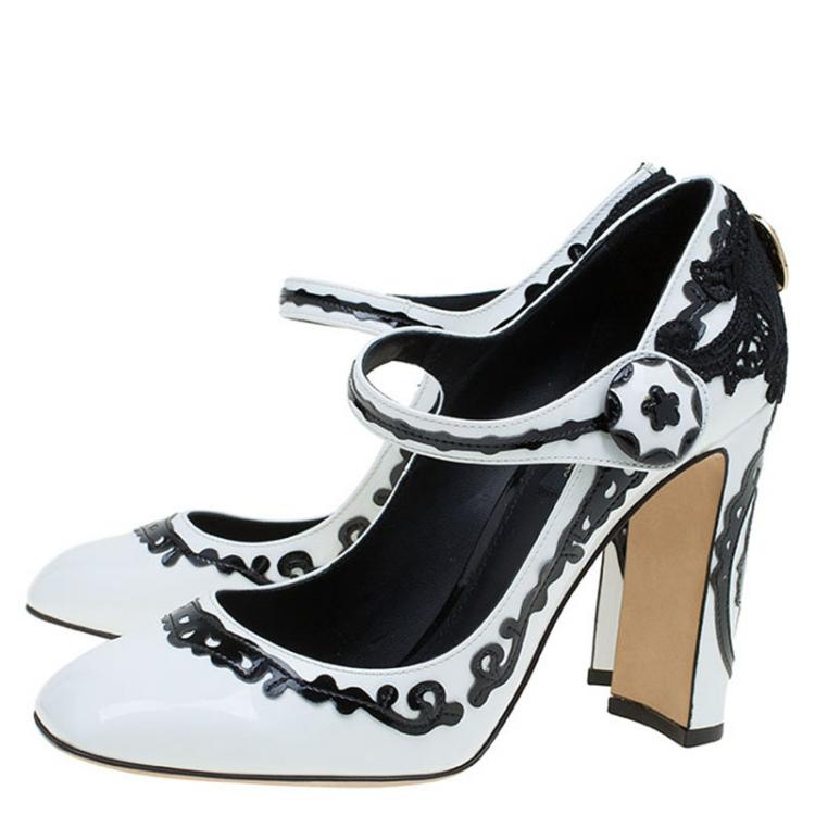 Pre Owned Dolce and Gabbana Black and White Leather Baroque Patterned Mary Jane Pumps Size 38