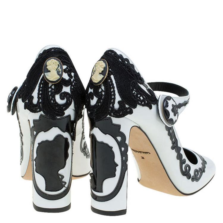 Pre Owned Dolce and Gabbana Black and White Leather Baroque Patterned Mary Jane Pumps Size 38