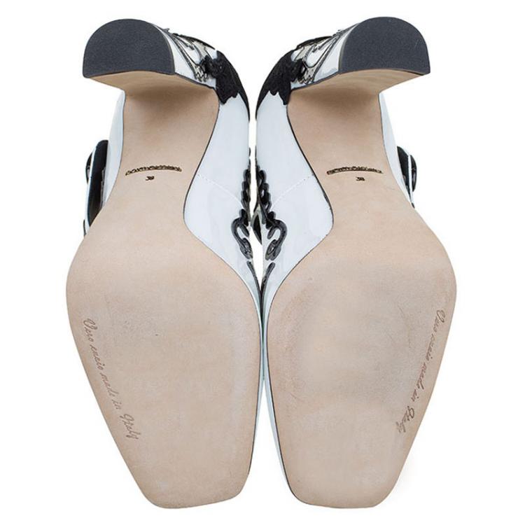 Pre Owned Dolce and Gabbana Black and White Leather Baroque Patterned Mary Jane Pumps Size 38