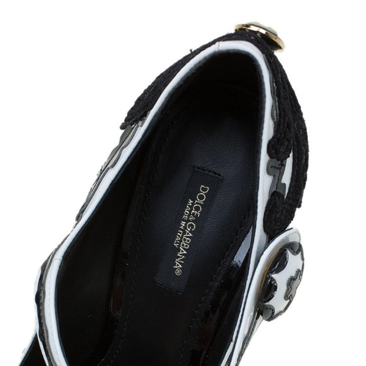 Pre Owned Dolce and Gabbana Black and White Leather Baroque Patterned Mary Jane Pumps Size 38