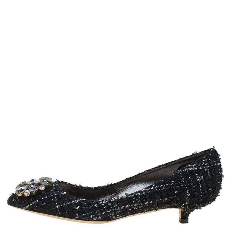 Pre Owned Dolce and Gabbana Black Tweed Crystal Embellished Pointed Toe Pumps Size 38.5