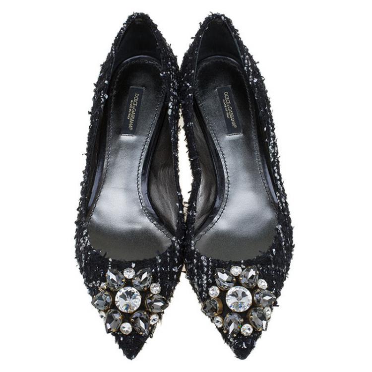 Pre Owned Dolce and Gabbana Black Tweed Crystal Embellished Pointed Toe Pumps Size 38.5